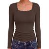 Aottori Maglia Donna Manica Lunga Pizzo T Shirt Scollo Quadrato Coste Basic | Tops donna intimo elasticizzato, maglie pizzo slim fit, maglietta basic tinta unita, t-shirts casual, look quotidiano