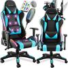 tectake® Sedia da Gioco Ergonomica, Schienale Reclinabile 88-125°, Luci LED | Funzione Massaggio, Rivestimento Similpelle, Cuscino Cervicale, Supporto Lombare, Rotelle Antigraffio, Dondolo, Nero/Azzurro