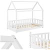 Juskys letto per bambini Marli da 80x160 cm con protezione anticaduta, rete a doghe e tetto - Letto a casetta in legno massiccio per bambini - Letto bianco