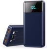 QODJN Power Bank 26800mAh, Powerbank con Cavi Integrati 25W PD Ricarica Rapida Caricatore USB C Portatile con 5 Uscite & 2 Ingressi Batteria Esterna con LCD Display per iPhone 16/15, Samsung ect (Blu)