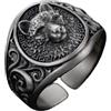 Mnyixsi Anello aperto vintage in argento Sterling 925 con testa di lupo, anello classico vichingo nordico con testa di lupo, gioiello intagliato a mano, regalo per feste a tema di compleanno e