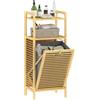 HOMCOM Mobile Bagno a Doghe Portabiancheria 37L Grigio e Color Legno | Cesto Estraibile, Armadietto Contenitore, Mobiletto Bagno, Bambù e Poliestere, 40x30x95 cm