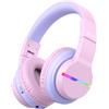 iclever Cuffie Bluetooth BTH12 per bambini, con luci LED, autonomia di 85 ore, ideali per i viaggi, colore rosa