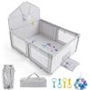 COSTWAY Box Pieghevole per Bambini, 223 x 150 x 163 cm,Grigio | Recinto con Canestro Basket, Porta da Calcio, 50 Palline Mare, Rete Traspirante, Borsa Trasporto, Area Gioco Sicura 0-3 Anni
