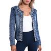 Generic Giacca di jeans da donna con paillettes con strass casual a maniche lunghe senza colletto corto in denim
