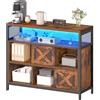 YITAHOME Credenza con prese, 2 USB e 2 AC, mobile da cucina con LED, armadio portaoggetti, con 2 ante scorrevoli, per soggiorno, cucina, corridoio, 100 x 35 x 80 cm, marrone rustico e nero