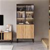 Kebnor Vetrina con ante in vetro, armadio alto 180 cm con luci LED, libreria, vetrina in vetro a 5 ripiani per oggetti da collezione, libreria, ufficio, Nero/Rovere (Black+Oak)