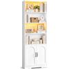IRONCK Libreria con illuminazione a LED e ante, 190 cm, colore bianco | Scaffale a 6 ripiani, in legno, con ripiano regolabile, armadio multiuso per soggiorno, ufficio, cucina, 30 x 60 x 190 cm