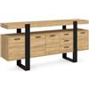 Ginhow Credenza 180 cm Madia Sala da Pranzo Soggiorno Rovere Nero LED | 4 ante, 3 cassetti, ripiano aperto, mobile buffet, madia cucina ingresso, credenza per stoviglie, mobile contenitore