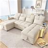 Cayipng Divano Angolare a U con Letto,2 chaise longue contenitore,LED USB Type-C,schienale regolabile 3 posizioni,portabicchieri,tessuto Chenille (Beige)