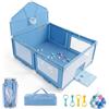 COSTWAY Box Pieghevole per Bambini, 223 x 150 x 163 cm,Blu | Recinto con Canestro Basket, Porta da Calcio, 50 Palline Mare, Rete Traspirante, Borsa Trasporto, Area Gioco Sicura 0-3 Anni