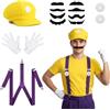 Kitimi Super Brothers Costume Accessori, Super Bro Halloween Costume per Adulto Bambini con Cappello Baffi Guanti Giallo/Viola, Fancy Dress Outfit per Halloween Carnevale Natale Feste Cosplay