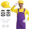Kitimi Super Brothers Costume Accessori, Super Bro Halloween Costume per Adulto Bambini con Cappello Baffi Guanti Giallo/Viola, Fancy Dress Outfit per Halloween Carnevale Natale Feste Cosplay