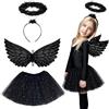 Gibocot Costume da angelo nero per Halloween, per bambine dai 4 ai 9 anni | Set di 3 pezzi per travestimento da angelo caduto, gonna tutù con ali di piume e aureola, per dolcetto o scherzetto, cosplay