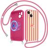 Yirlbey Estivi Righe Magnetica Cover per iPhone 14 6,1'' con Cordino, Cellulare Aesthetic Rosa Giallo Striped Fiori Collage Motivo Disegno TPU Compatibile con MagSafe Case Corda con Laccio Custodia