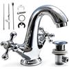 Topolenashop Rubinetto Miscelatore Retrò in Ottone Cromato per Lavabo e Lavello - 2 Manopole Acqua Calda/Fredda con Piletta a Saltarello e 2 Flessibili - H 165 mm 52344A