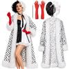 Boyigog Costume da donna con cane maculato, 4 pezzi, con parrucca bianca-nera, cappotto lungo e guanti rossi, per Halloween, carnevale, cosplay, feste, travestimento da donna