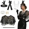 QingWing Great Gatsby Set Accessori Feste, 7 Pezzi Party Anni 20 Velluto Accessor, Donne Accessori Anni 20 con Copricapo Guanti Collana Bracciale Orecchini Ventaglio Portasigarette Adatto per Feste