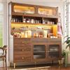 Ktipm Madia Cucina Armadio Cucina Alta, LED e Piastra Forata, Colore Noce | Credenza Cucina Alta con Porta Sollevabile e 5 Cassetti, Mobiletto con Zampa Metallica, 144.9x39x171 cm