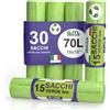G.M. DISTRIBUZIONE GM 30 Sacchi Spazzatura Verdi 70x70 cm Biodegradabili x Umido, Resistenti, 70 litri, Sacchetti Bio Compostabili x Ristoranti, Buste Immondizia per Rifiuti Organici, 2 Rotoli da 15 buste immondizia