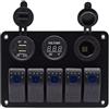 jojofuny Pannello Interruttori 5 Vie 12V 24V Doppia USB e voltmetro | Copertura, Luce LED Blu, Lega di Alluminio Nera, per Barca, Camper, Auto