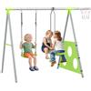 Gioco per bambini 4 in 1 con 2 altalene da giardino, canestro e porta da calcio, 215x180x182 cm, verde e grigio