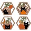 HPNIUB Decorazione da parete in legno con gatto nero, stile bohémien, geometrica, da appendere, arte da parete, 4 pezzi, 28 x 24 cm, stile bohémien, astratto, luna e sole, in legno, per cameretta dei