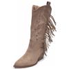 MISSCAI Stivali Texani Donna Stivaletti con Frange e Tacco a Blocco 6 cm | Camperos donna, punta affusolata, ricami western, effetto scamosciato, trafori decorativi