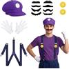 Kitimi Super Brothers Costume Accessori, Super Bro Halloween Costume per Adulto Bambini con Cappello Baffi Guanti Giallo/Viola, Fancy Dress Outfit per Halloween Carnevale Natale Feste Cosplay