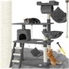 Tectake® Albero Tiragraffi per Gatti 141 cm, Colonne Sisal, Amaca, Tunnel | Casetta, Cuccia Morbida, Piattaforme Panoramiche, Scala, Cordoncino da Gioco, Protezione Antiribaltamento, Grigio
