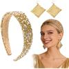 Crunier Fasce Capelli Glitter + Orecchini Scintillanti,Cerchietto per Capelli Largo,Cerchietto Capelli Donna con Strass Fascia,per Decorazione Valentino e Quotidiana-Oro