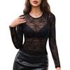 Avidlove Maglia da donna a maniche lunghe, sexy, trasparente, girocollo | Camicetta in pizzo, top trasparente, elegante slim aderente per uscire, abbigliamento da festival