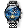 OLEVS Orologio da polso da uomo, due tonalità, in acciaio inox, al quarzo, cronografo con diamanti, fasi lunari, quadrante oro, blu, nero, impermeabile, luminoso
