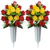 SIFOEL Fiori tombali artificiali per cimiteri, 2 pezzi di mazzi di fiori tombali artificiali con vaso per la decorazione di lapidi all'aperto (rosso e giallo)