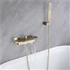 Unyqoos Rubinetto per vasca da bagno a cascata Unyqoos® - Montaggio a parete, finitura oro spazzolato, rame, erogatore ampio, 2 manopole, doccetta manuale da 1,5 m, ripiano, regolabile da 135 a 170 mm