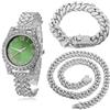 HALUKAKAH Orologio da Donna Diamanti Iced Out, 37MM Quadrante Verde | Placcato in Oro Bianco Platino Quartz 20cm, con Catene Cuban Link Bracciale 18cm & Collana 40cm, Scatola Regalo Inclusa