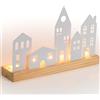 Sziqiqi Portalumini a Forma Casa per Natale: Portacandele in Legno con 5 Case in Metallo - Decorativo Villaggio di Natale Candelieri per Soggiorno Scaffale Caminetto Interno Ornamento