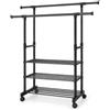 Generico BDIT Accessori Appendiabiti da Terra con Ruote, Doppia Barra e 3 Ripiani, Struttura in Acciaio, Stand Portabiti per Vestiti Scarpe e Borse, 42 × 76 × 150 cm, Nero