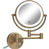 RECKODOR Specchio da trucco illuminato da parete, 20,3 cm, 1X/5X, doppio lato, illuminazione LED a 3 colori, dimmerabile, braccio esteso, rotazione a 360°, specchio per trucco per bagno (ottone