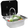 AHSSBSA Set di lavelli da incasso per camper, in acciaio inox 304, 42,3 x 37,3 cm, con coperchio in vetro temperato, coperchio a ribalta, rubinetto a scomparsa, per camper, bar, caffè, piccolo