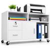 BAKAJI Mobile Multiuso Porta Stampante in Legno con 3 Mensole, 2 Cassetti con Chiave e 1 Armadietto con Scomparti, per Ufficio Archivio, Portadocumenti con Ruote Mobili, 100x35x65cm (Bianco)