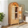 Rosebibi Armadio alto ad arco moderno, credenza, doppia porta decorativa in rattan, organizer per lo schienale della porta + due cassetti, maniglie vintage in ferro, gambe stabili