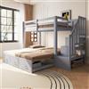 Soweiz Letto a castello 90 x 200 cm, letto estraibile 90/180 x 190 cm, con scala di stoccaggio con più cassetti, funzione letto estraibile, letto per ragazzi, rete a doghe, letto in legno (grigio)