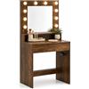 GYMAX Postazione Trucco con Specchio e Luci LED a 3 Colori, Marrone | Toeletta da Trucco con Stazione di Ricarica, Cassetto e Ripiani Aperti, Tavolo Vanity Moderno per Camera da Letto e Soggiorno