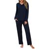 Uniexcosm Pigiama Donna Collo a V con Pantaloni Blu Navy S | Pigiama donna in 95% cotone e 5% elastan, con collo a V plissettato, maniche lunghe, pantaloni dritti e tasche