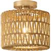 Qamra Plafoniera Soffitto Boho Oro in Rattan, E27, Ø25cm | Plafoniera con Portalampada in Ceramica, per Camera, Soggiorno, Cucina, Corridoio, Ingresso
