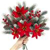 SHEPIN 4 rami di abete artificiali, con stella di Natale e bacche rosse, come veri, fiori artificiali, fiori di Natale, bouquet di Natale, rami di Natale (bianco)