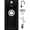 PRIMAGRAN Lavandino da Cucina al Mobile 25cm + Rubinetto, 23x50cm | Set: Rubinetto BW6020 + Kit di scarico (sifone, piletta, troppopieno) + Lavello in Granito a 1 Vasca - Riga, Nero