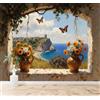 Tzxztt Mazzo Di Fiori Vaso Farfalla Finestra Mare Blu Moderna Carta Da Parati 3D Seta Pregiata Testurizzata Ideale Per La Camera Letto Del Soggiorno-250cm×170cm