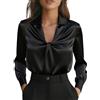 Generic Camicetta da donna in raso, elegante, elegante, con fiocco, collo a maniche lunghe, camicia da lavoro elegante